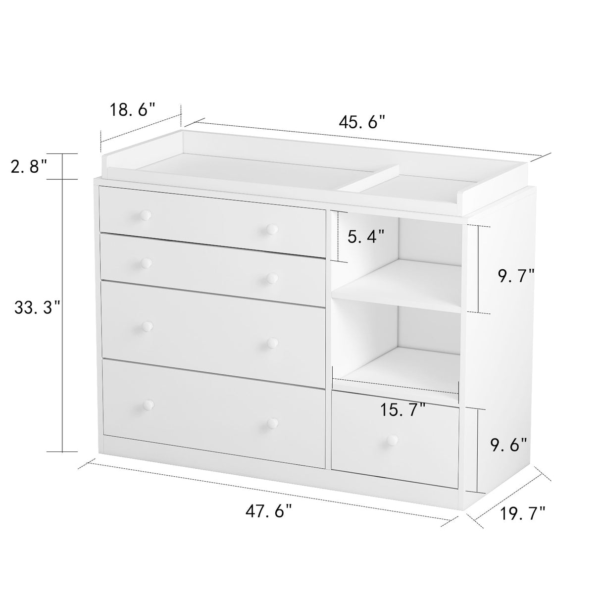 Premium White 5-Drawer Dresser with Baby Changing Table by Kerrogee - 47.2"L