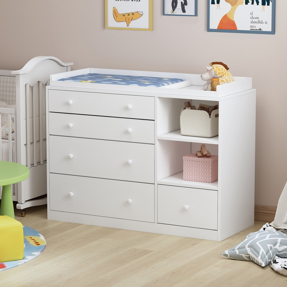 Premium White 5-Drawer Dresser with Baby Changing Table by Kerrogee - 47.2"L