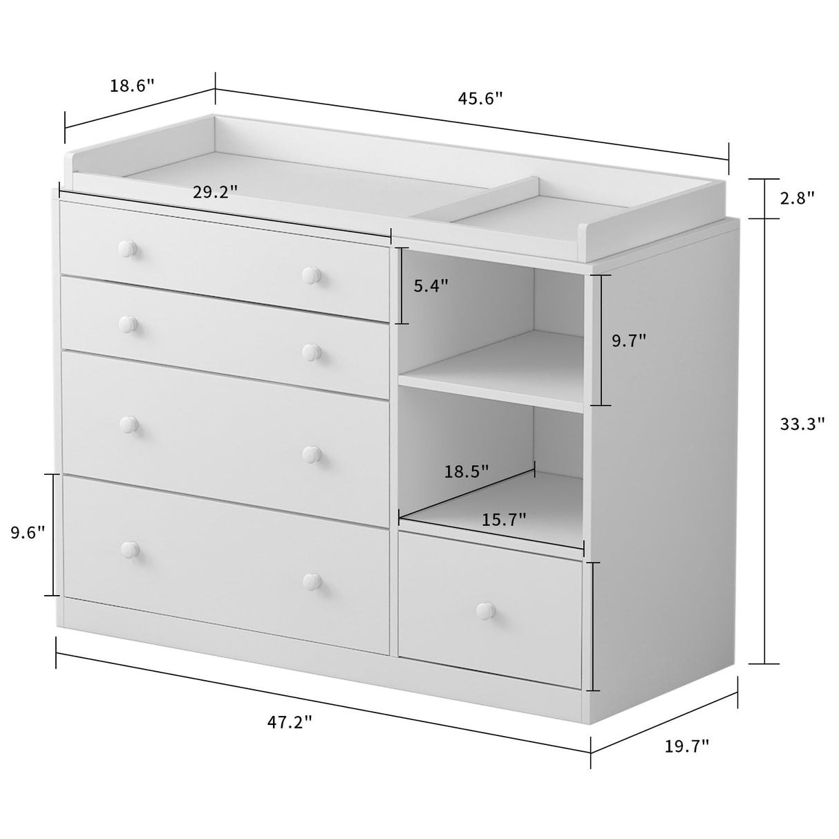 Premium White 5-Drawer Dresser with Baby Changing Table by Kerrogee - 47.2"L