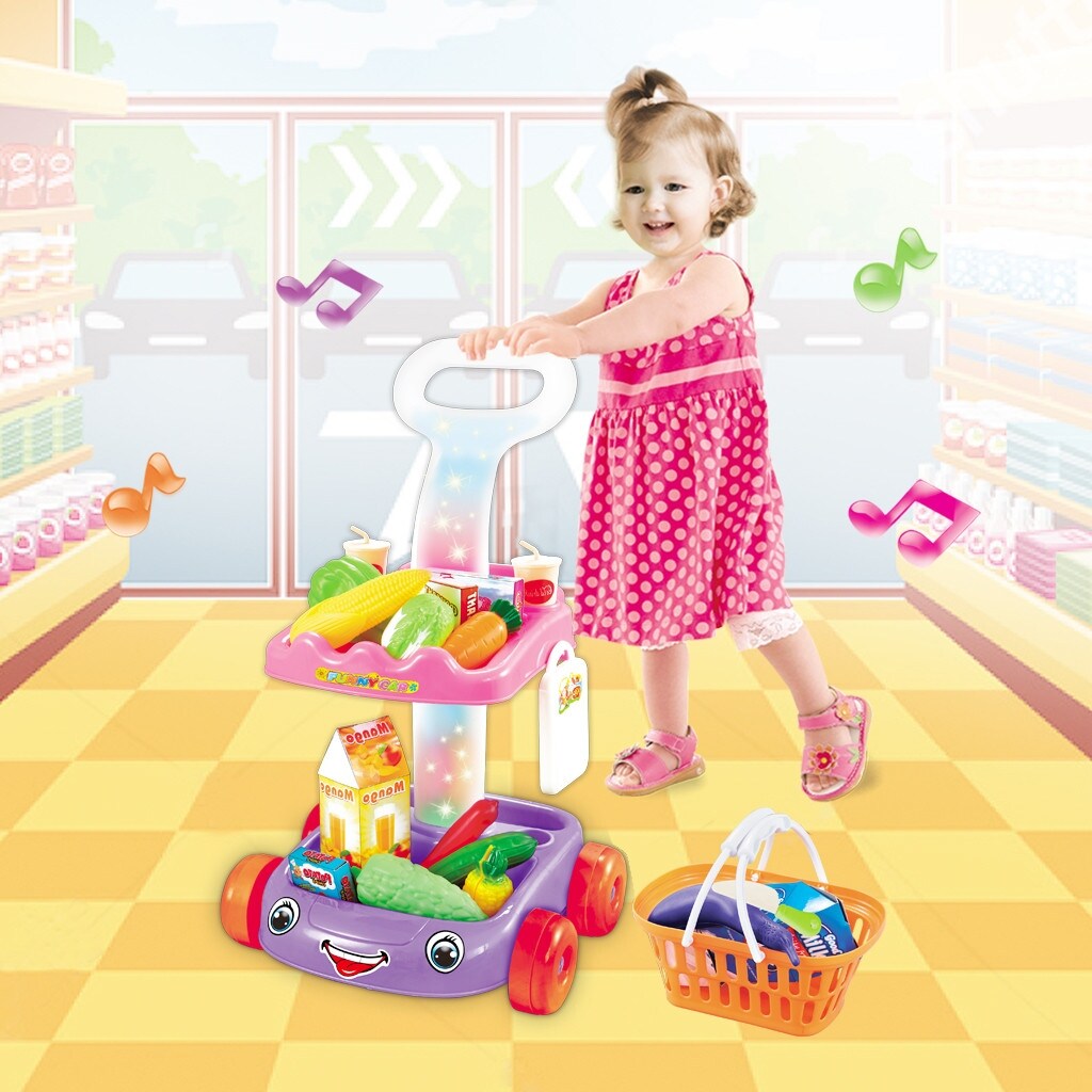Pretend Play Set - Fruit And Vegetable Trolley - With Colorful Light And Music - Purple - Purple