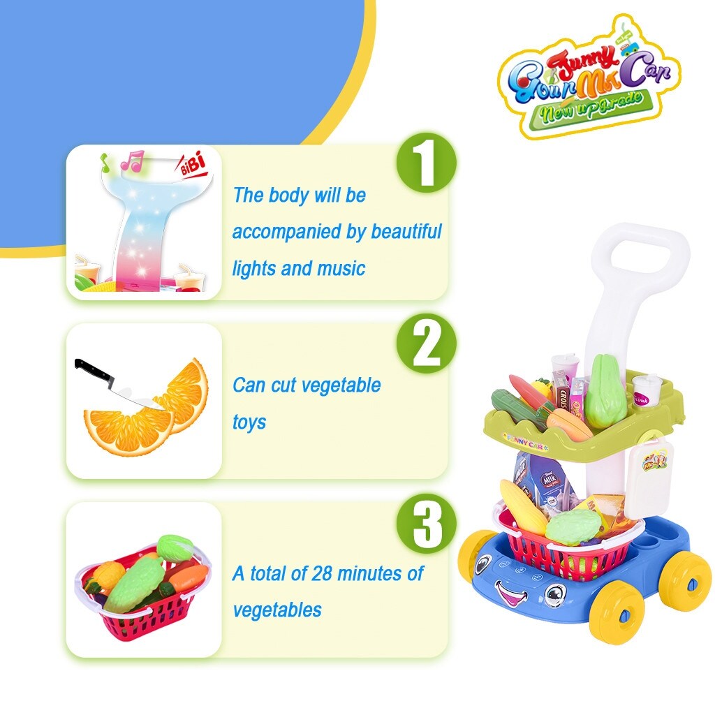 Pretend Play Set - Fruit And Vegetable Trolley - With Colourful Light And Music