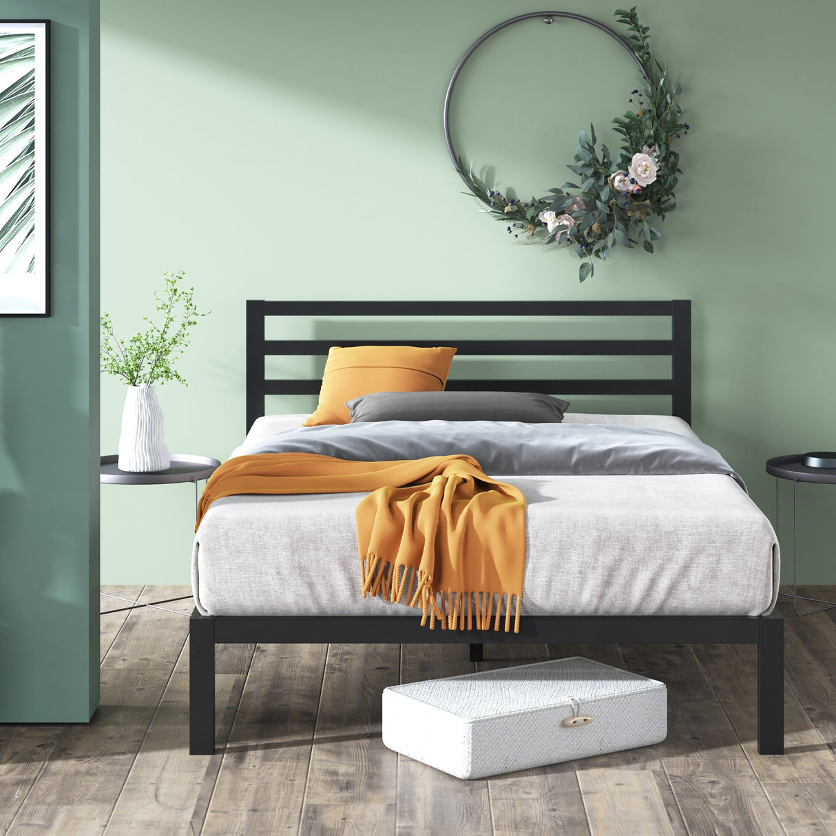Priage by ZINUS Black Metal Platform Bed Frame with Headboard
