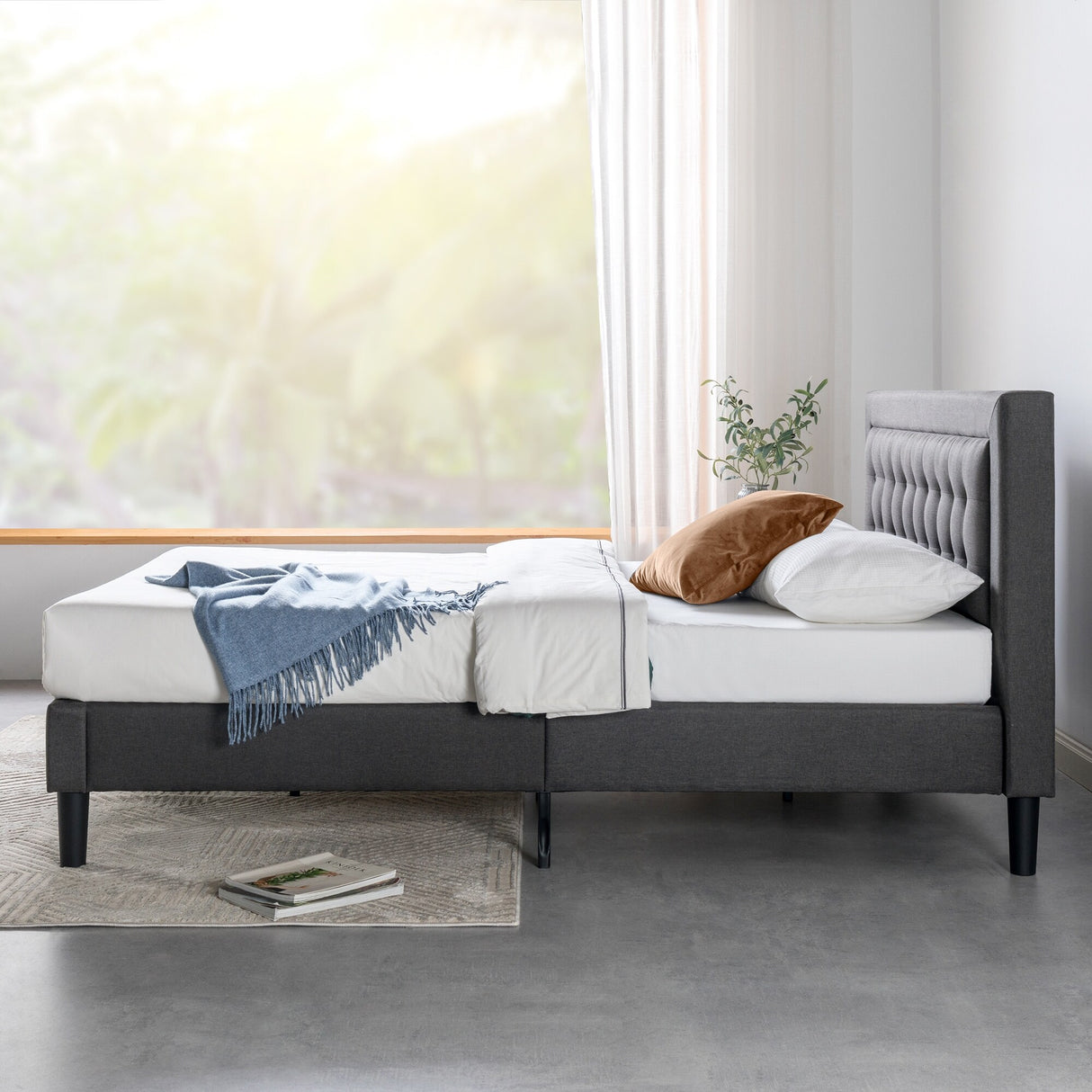 Priage by ZINUS Dark Grey Button Tufted Upholstered Platform Bed Frame - Cal King
