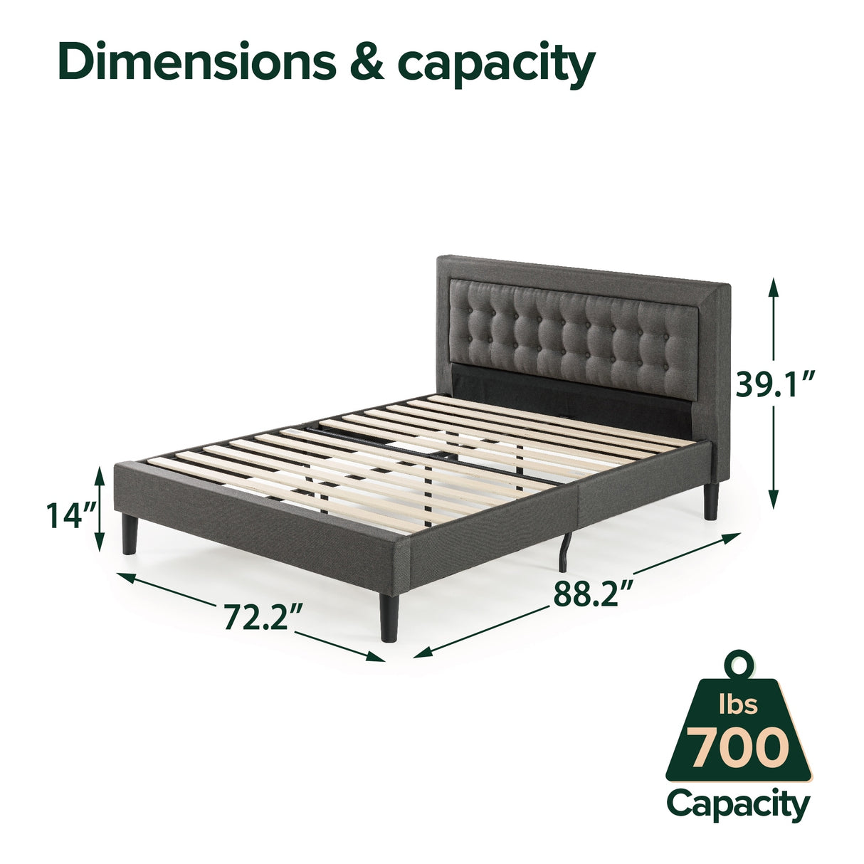 Priage by ZINUS Dark Grey Button Tufted Upholstered Platform Bed Frame - Cal King