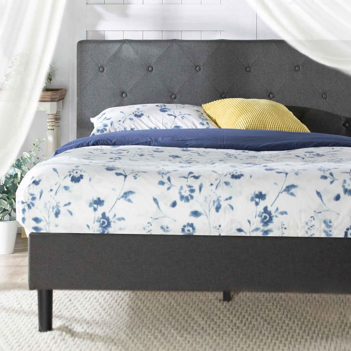 Priage by ZINUS Dark Grey Upholstered Diamond Stitched Platform Bed Frame with USB Ports
