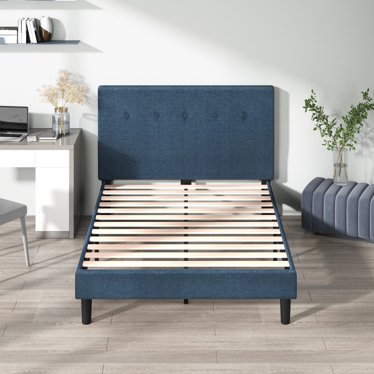 Priage by ZINUS Navy Upholstered Button Tufted Platform Bed Frame