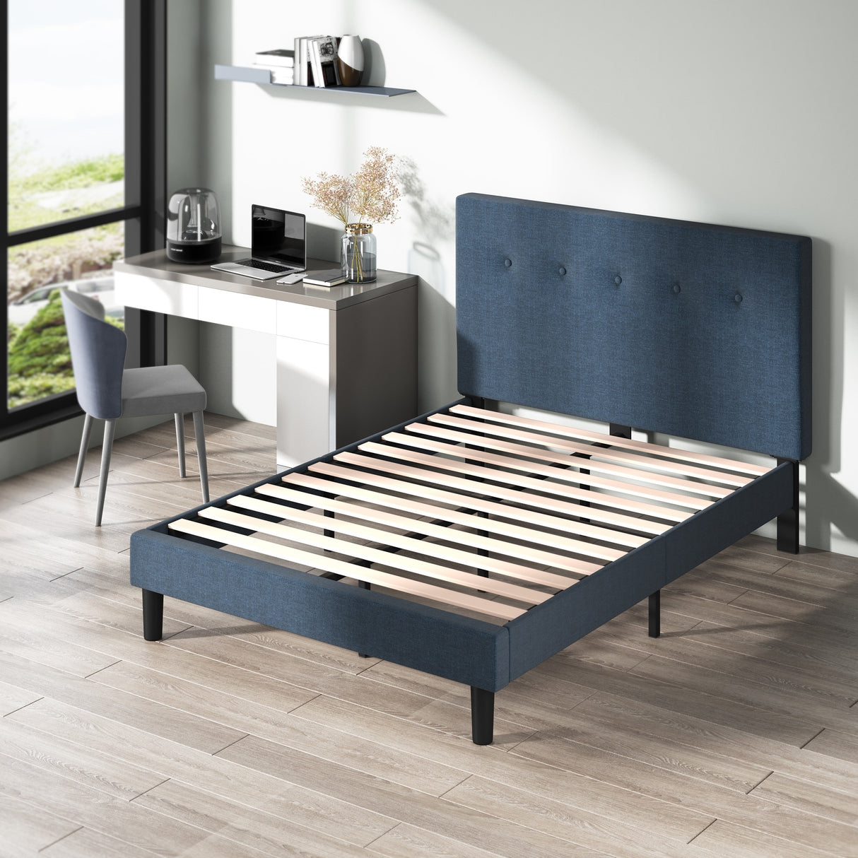 Priage by ZINUS Navy Upholstered Button Tufted Platform Bed Frame