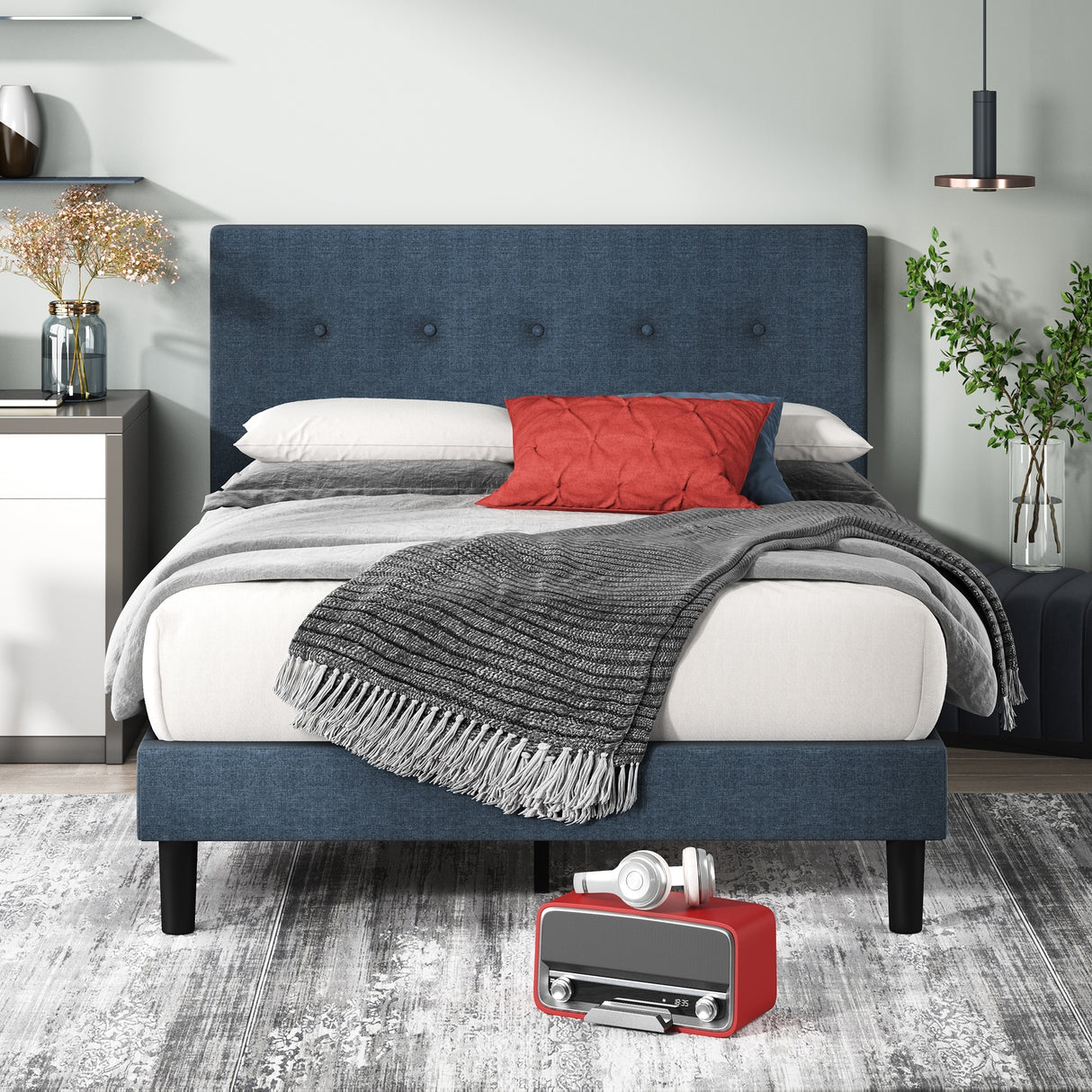 Priage by ZINUS Navy Upholstered Button Tufted Platform Bed Frame