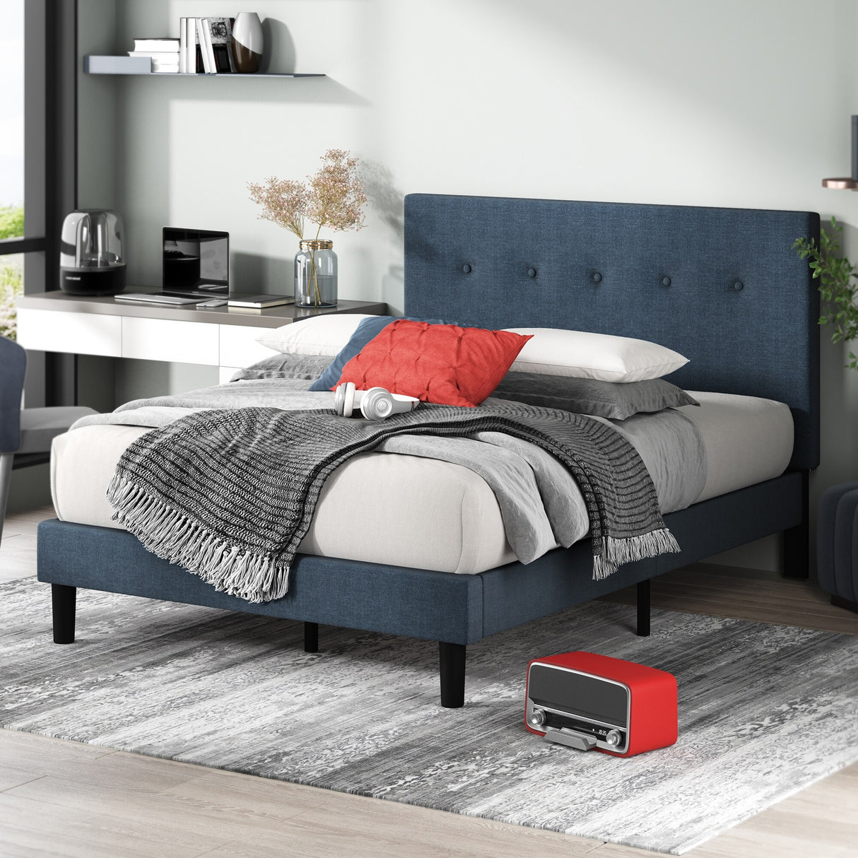 Priage by ZINUS Navy Upholstered Button Tufted Platform Bed Frame