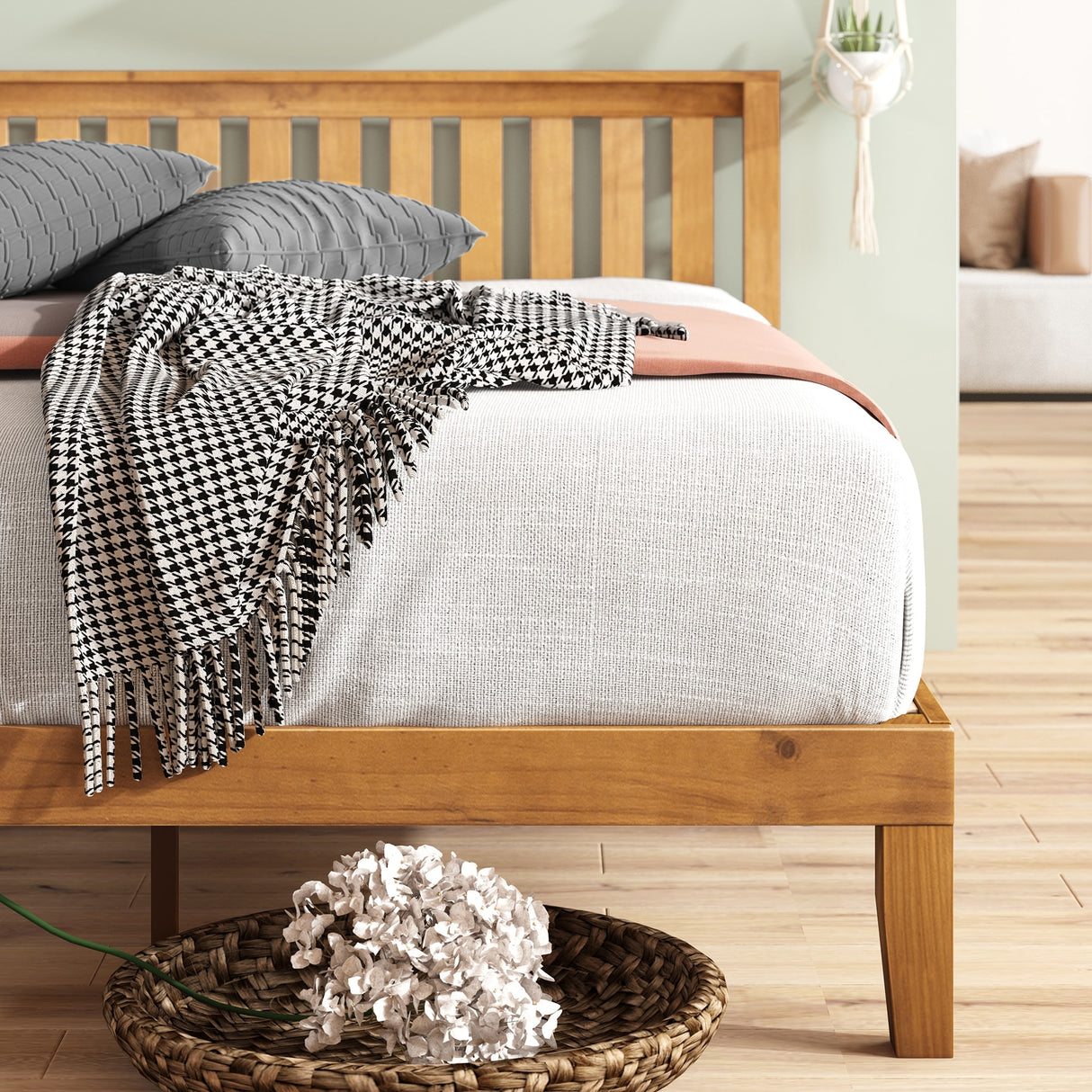 Priage by ZINUS Rustic Pine Wood Platform Bed Frame with headboard