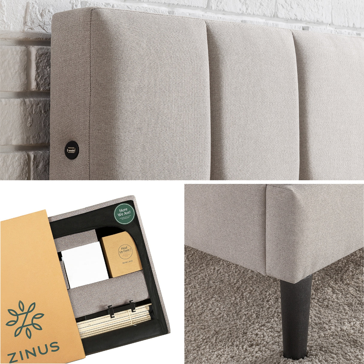 Priage by ZINUS Upholstered Stitched Platform Bed with USB Ports
