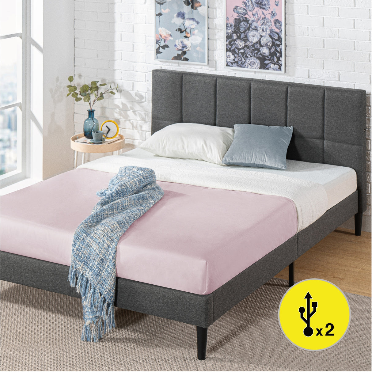 Priage by ZINUS Upholstered Stitched Platform Bed with USB Ports