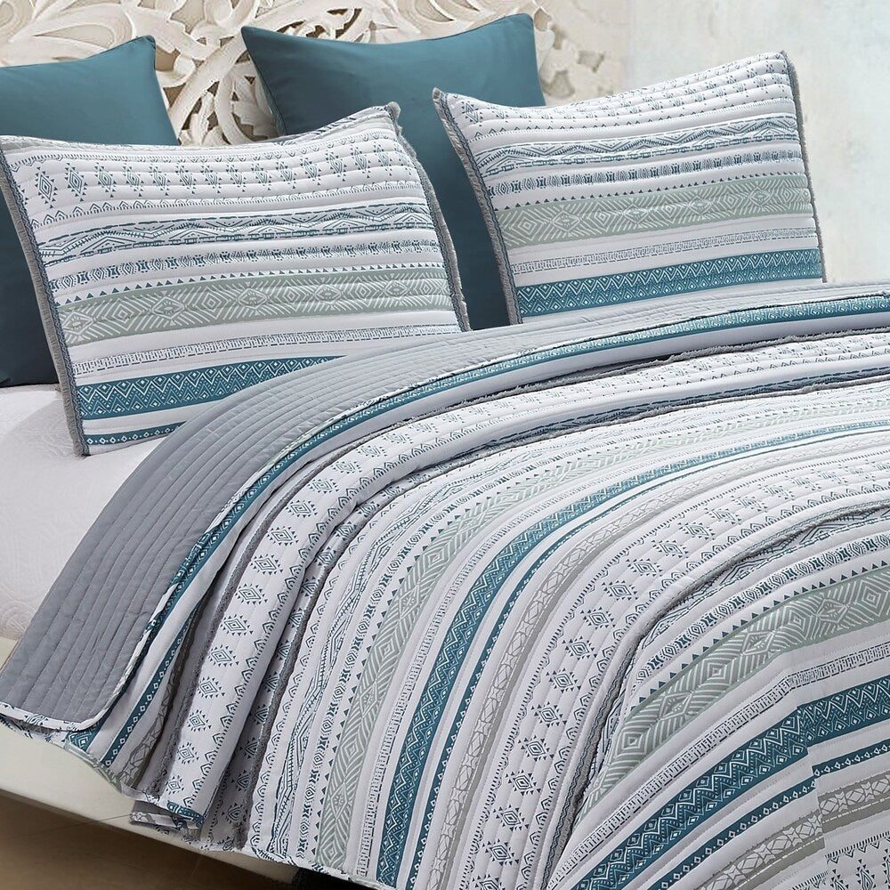 Primitive Tribal Stripe Reversible Quilt Set with Embroidered Fringe