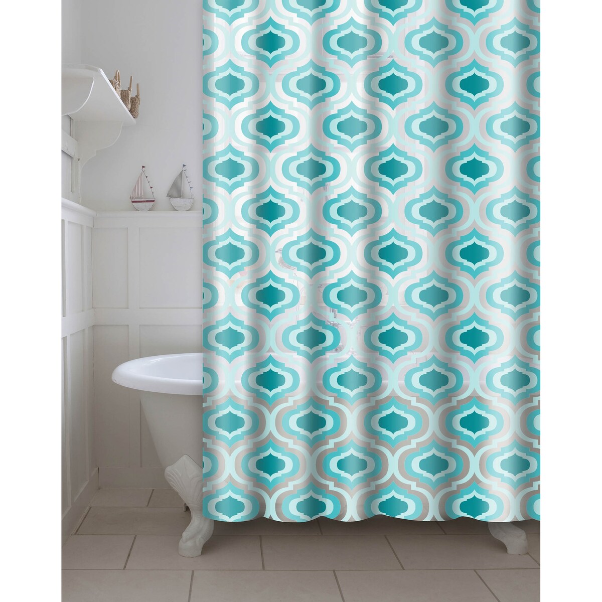 Printed Letto PEVA/EVA Shower Curtain with Metal Roller Hooks in Aqua