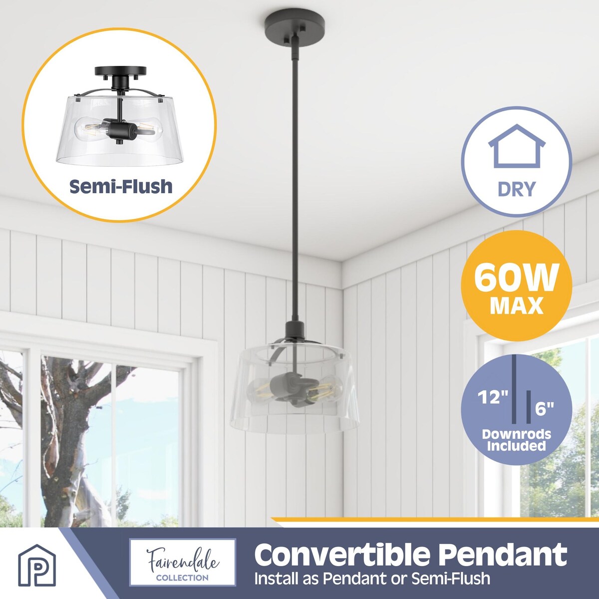 Prominence Home Fairendale Convertible Pendant/Semi-Flush Matte Black with Clear Glass