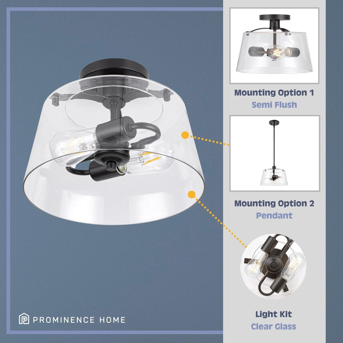 Prominence Home Fairendale Convertible Pendant/Semi-Flush Matte Black with Clear Glass