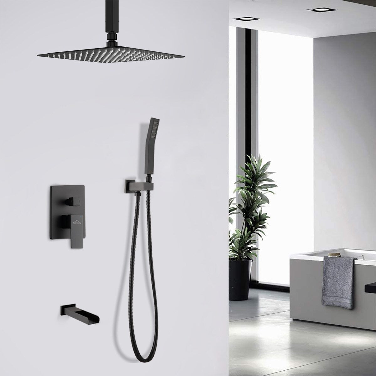 Proox 12" Pressure Balancing Shower Rain Valve with Tub Faucet Spout Set Handheld