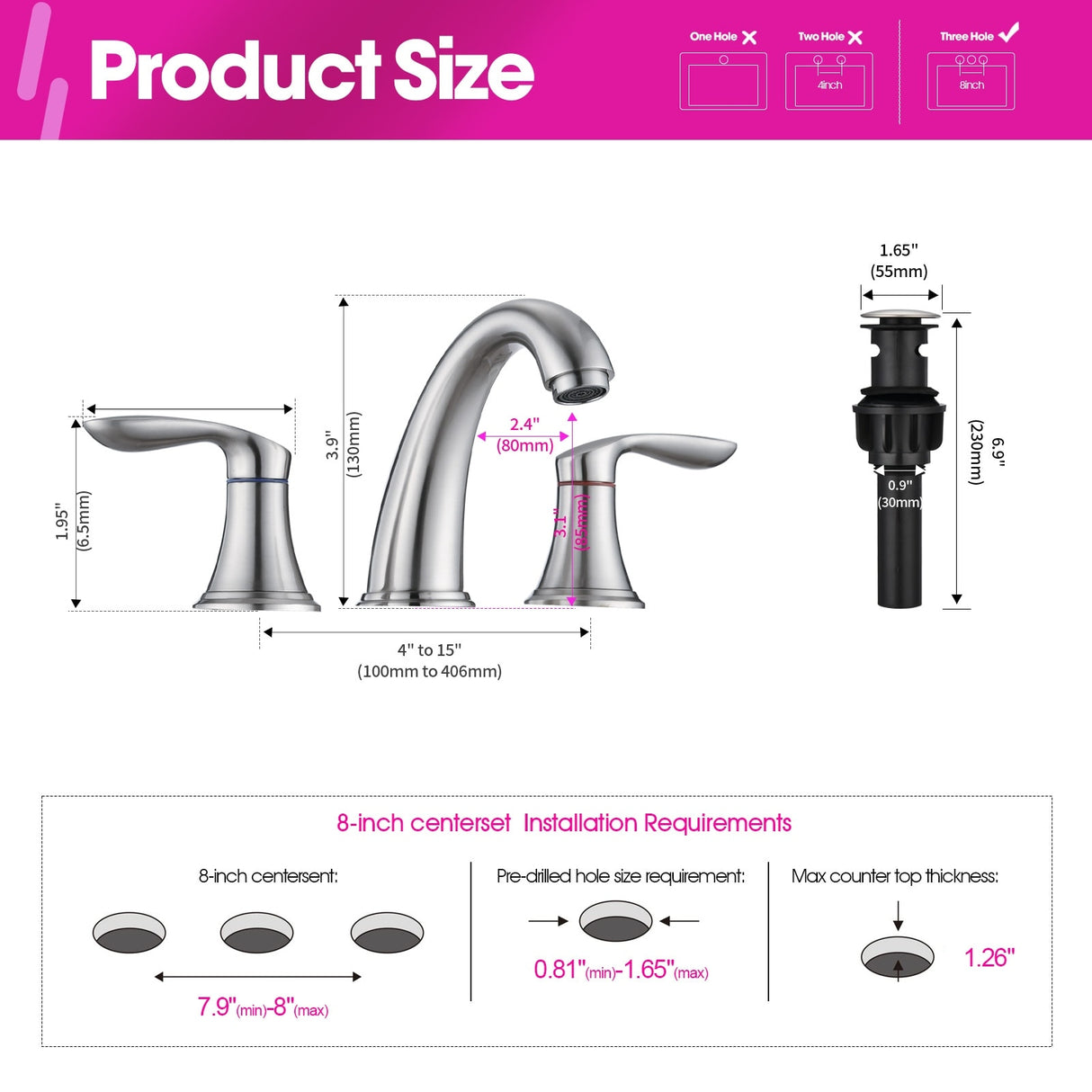 Proox 8 inch Widespread Two Handles Bathroom Sink Faucet with Pop Up Drain