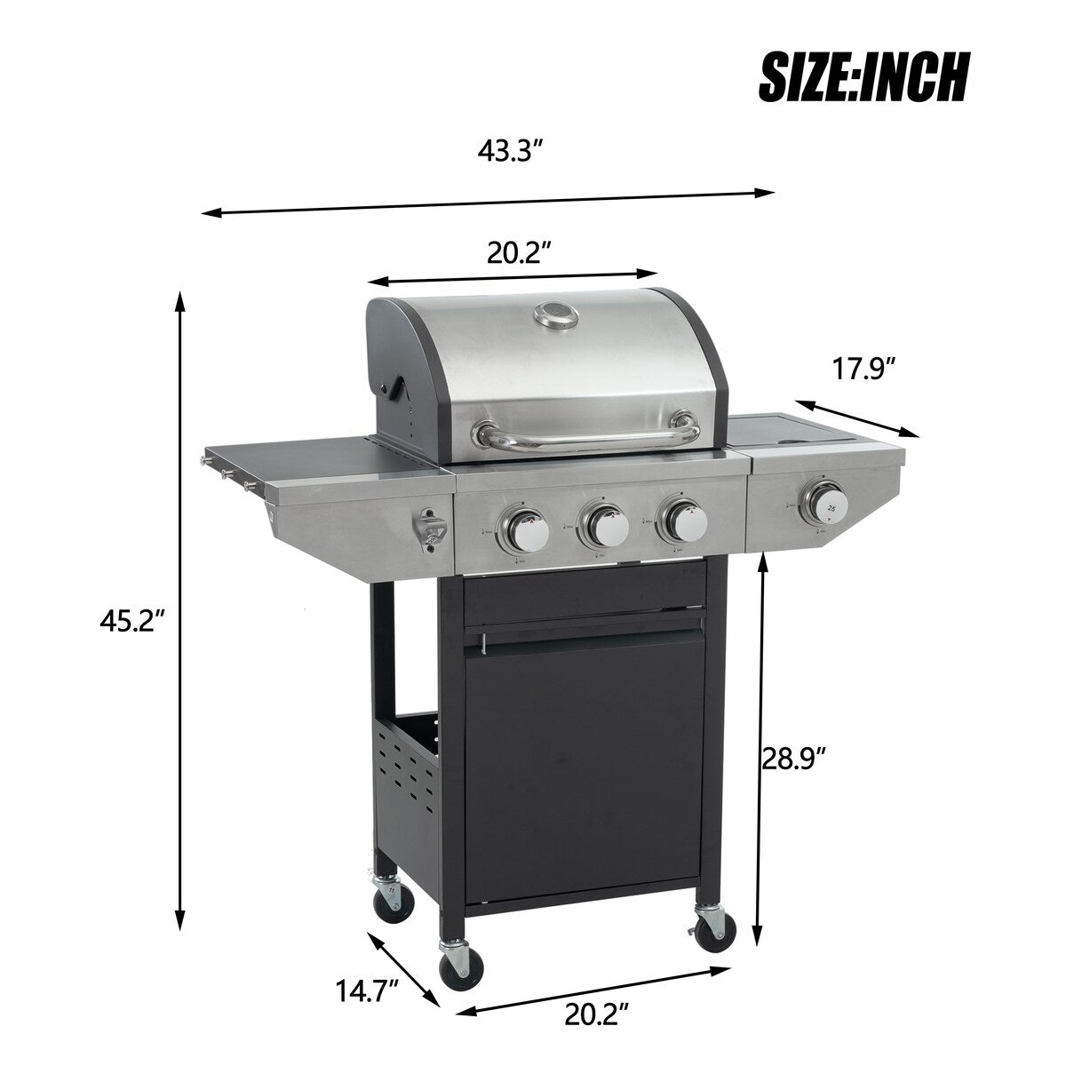 Propane Grill 3 Burner Barbecue Grill Stainless Steel Gas Grill with Side Burner and Thermometer for Outdoor BBQ, Camping