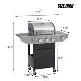 Propane Grill 3 Burner Barbecue Grill Stainless Steel Gas Grill with Side Burner and Thermometer for Outdoor BBQ, Camping