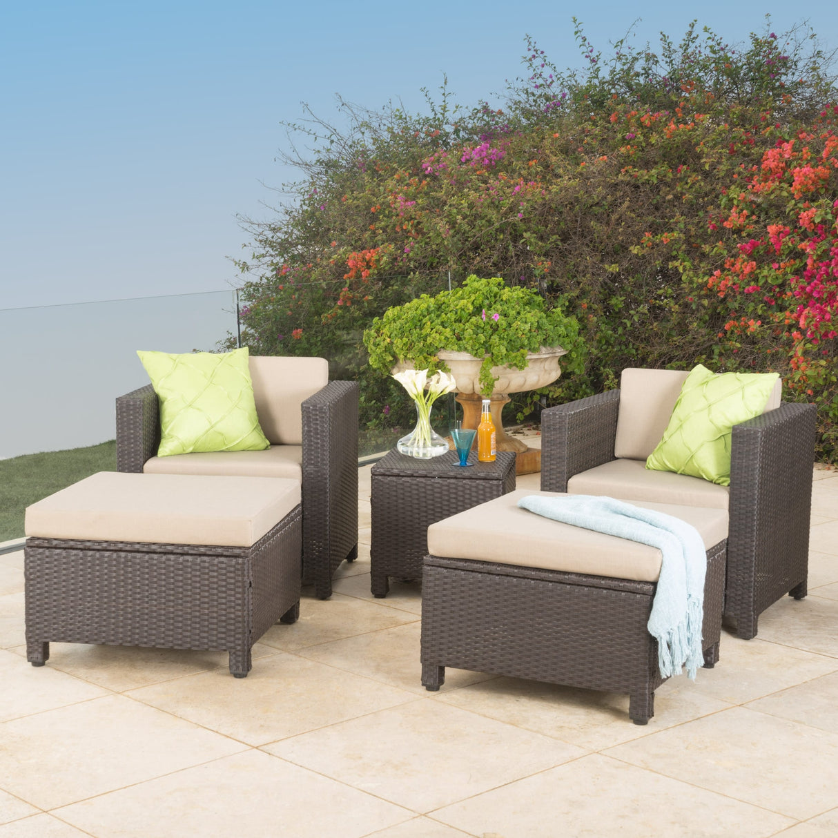 Puerta 5-piece Outdoor Wicker Chat Set with Water Resistant Cushions by Christopher Knight Home