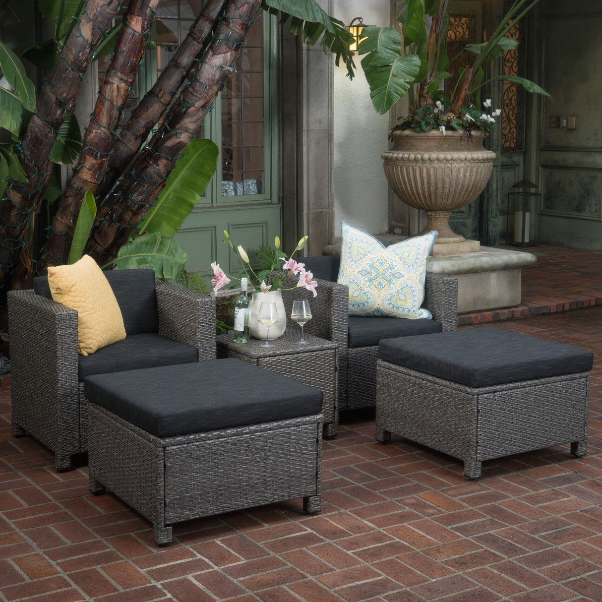 Puerta 5-piece Outdoor Wicker Chat Set with Water Resistant Cushions by Christopher Knight Home