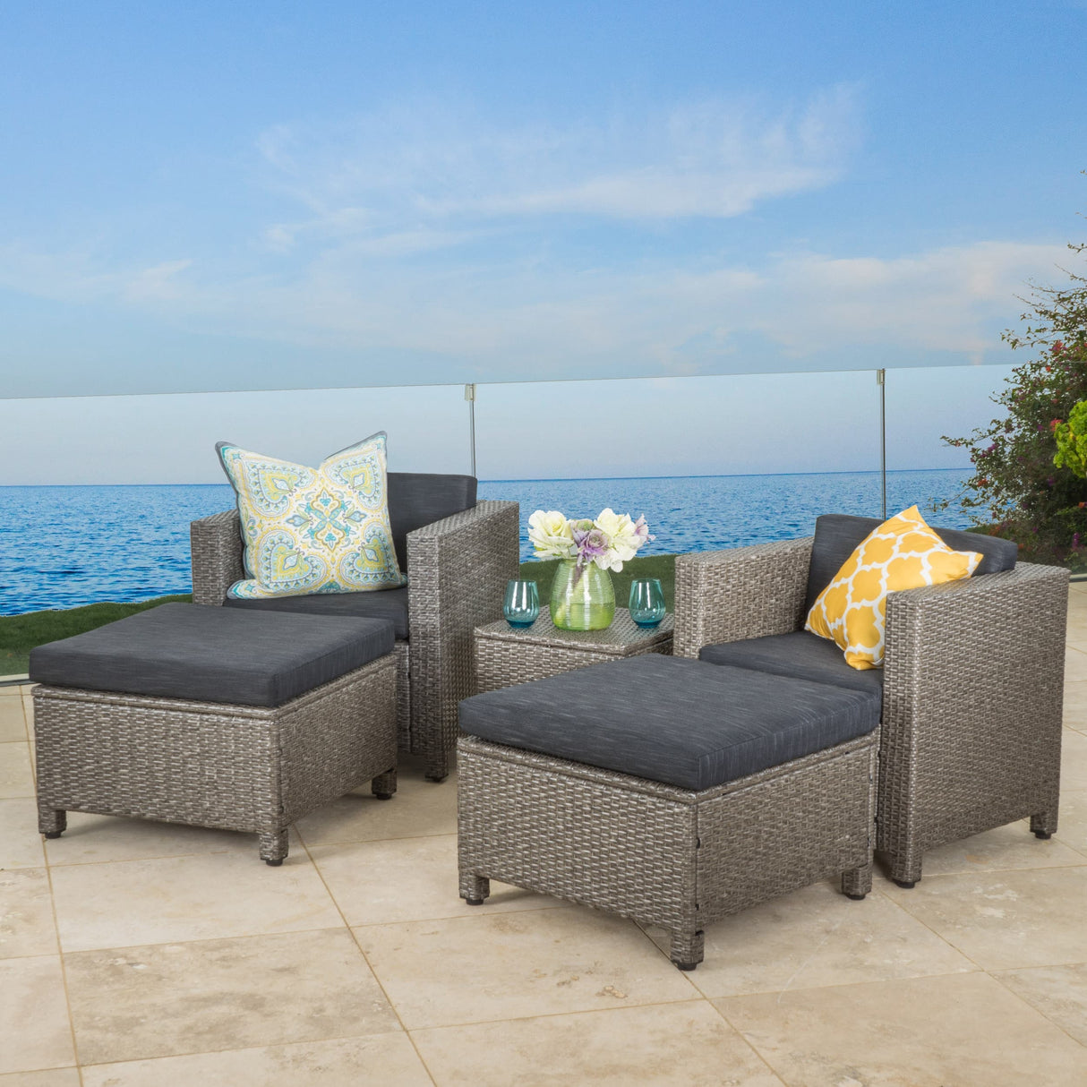 Puerta 5-piece Outdoor Wicker Chat Set with Water Resistant Cushions by Christopher Knight Home
