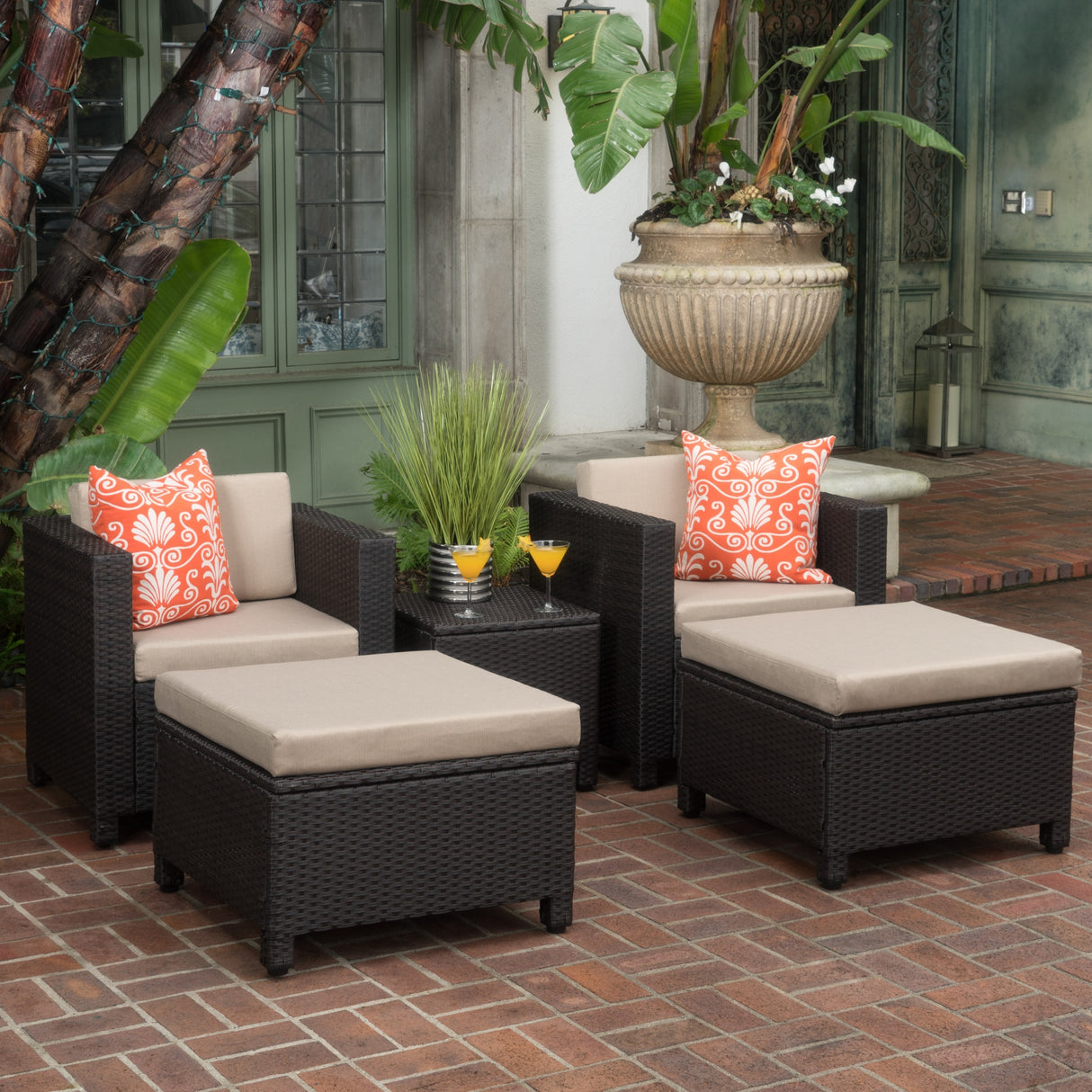Puerta 5-piece Outdoor Wicker Chat Set with Water Resistant Cushions by Christopher Knight Home