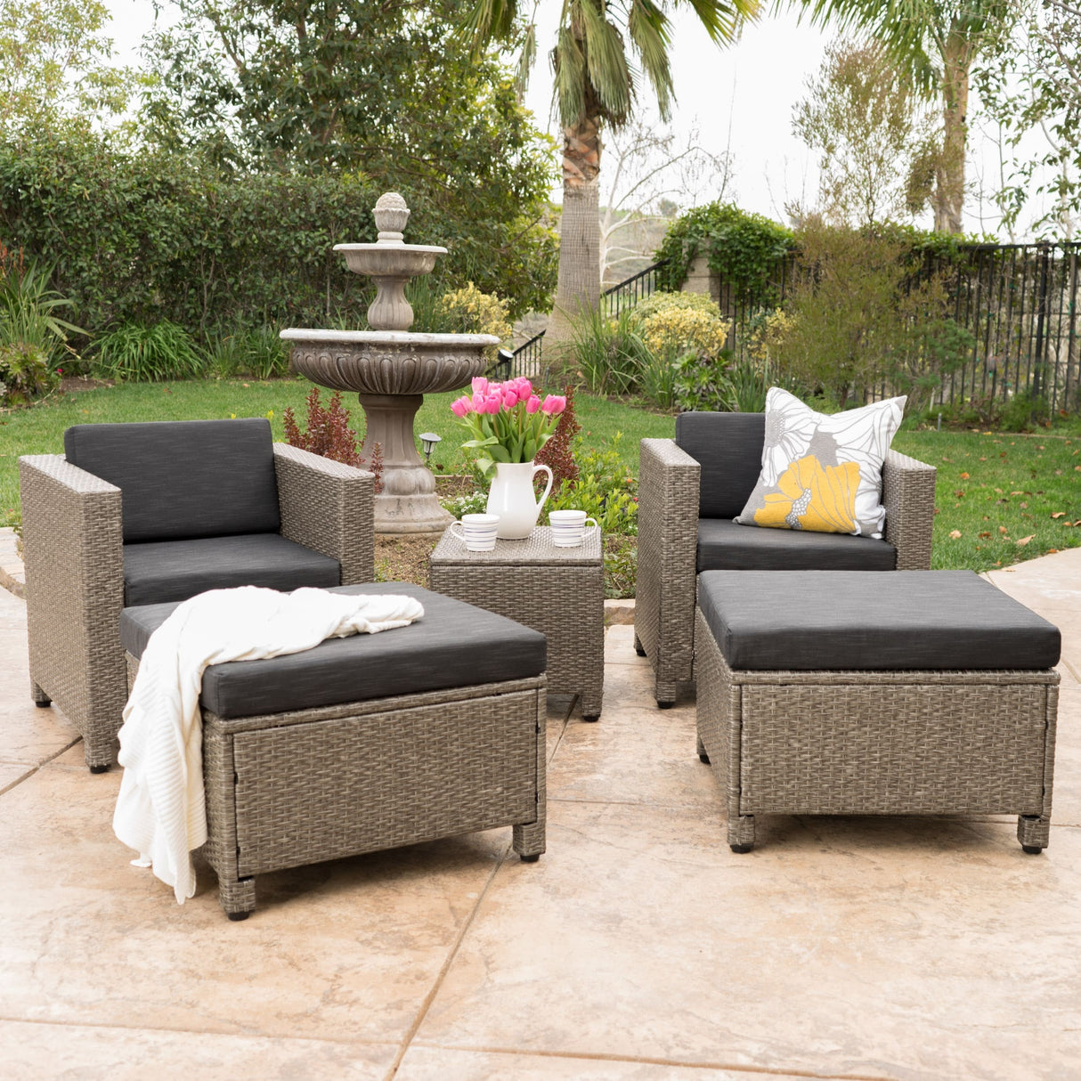 Puerta 5-piece Outdoor Wicker Chat Set with Water Resistant Cushions by Christopher Knight Home