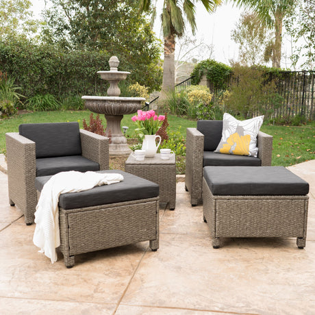 Puerta 5-piece Outdoor Wicker Chat Set with Water Resistant Cushions by Christopher Knight Home