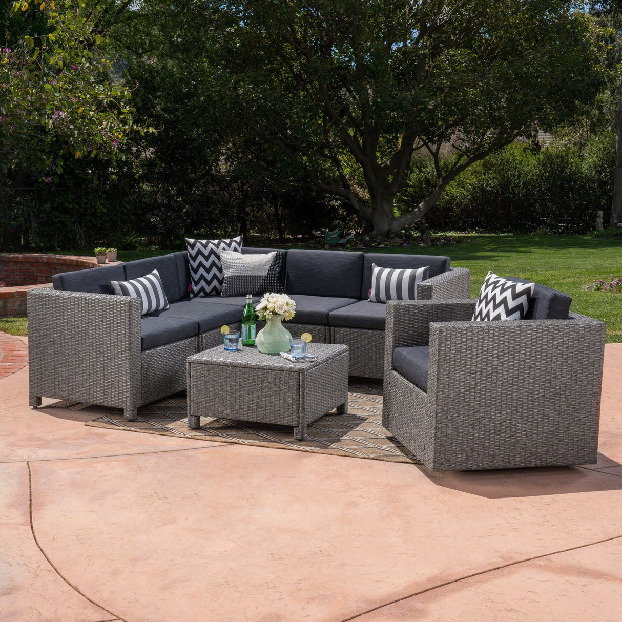 Puerta Grey Wicker V-Shaped Sofa and Swivel Chair Set by Christopher Knight Home