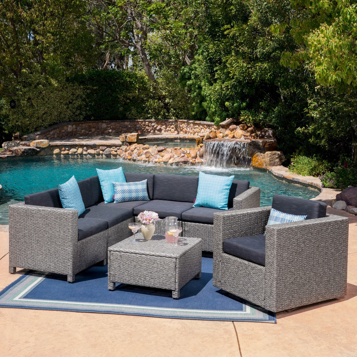 Puerta Grey Wicker V-Shaped Sofa and Swivel Chair Set by Christopher Knight Home