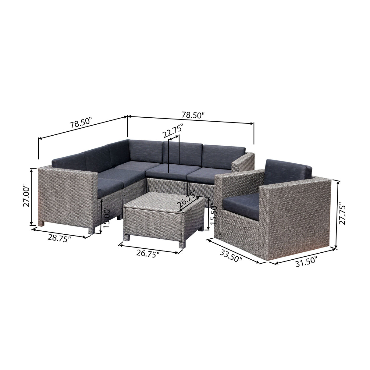 Puerta Grey Wicker V-Shaped Sofa and Swivel Chair Set by Christopher Knight Home