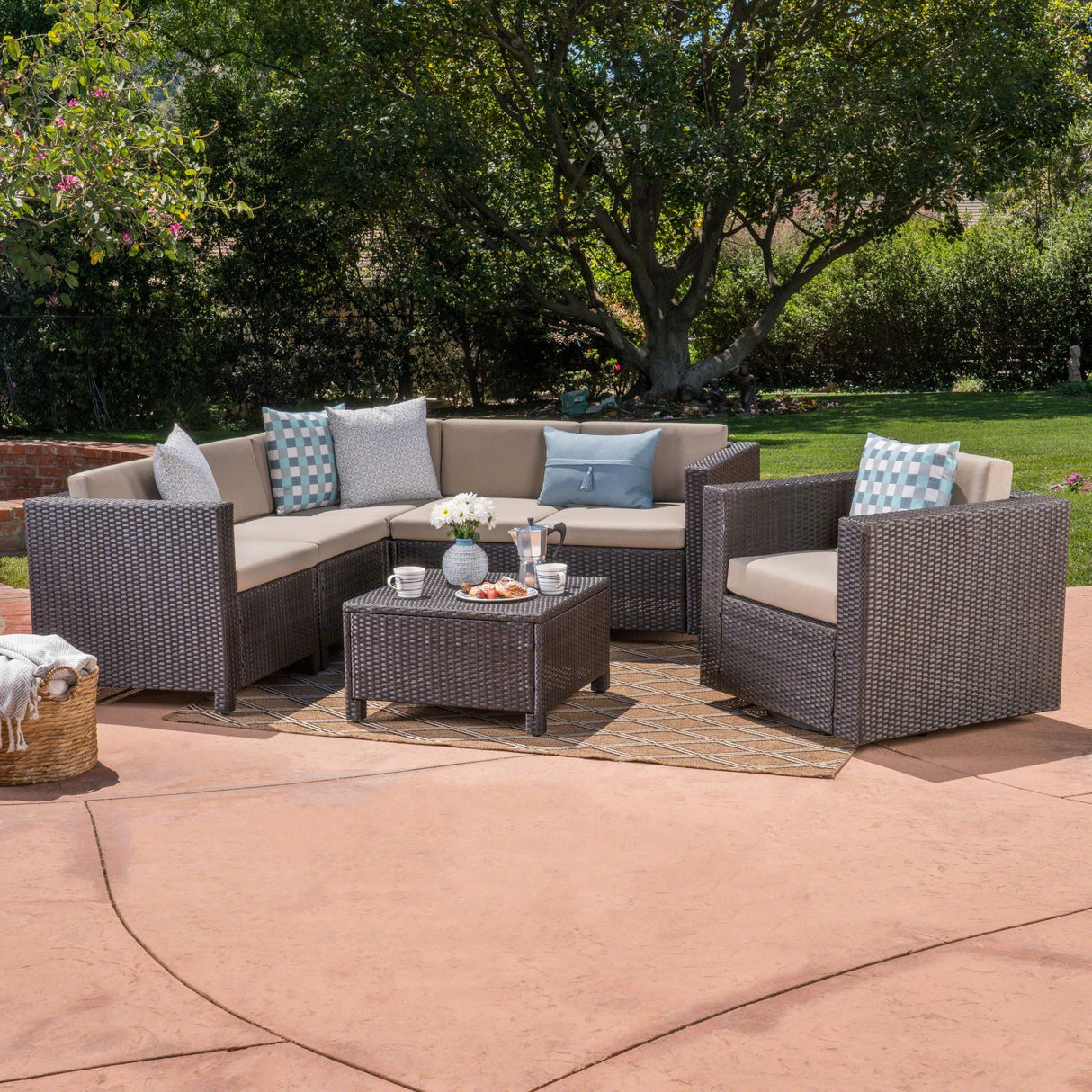 Puerta Grey Wicker V-Shaped Sofa and Swivel Chair Set by Christopher Knight Home