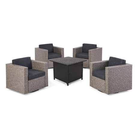 Puerta Outdoor Wicker and Aluminum 5-pieace Swivel Chair and Fire Pit Set with Cushions by Christopher Knight Home