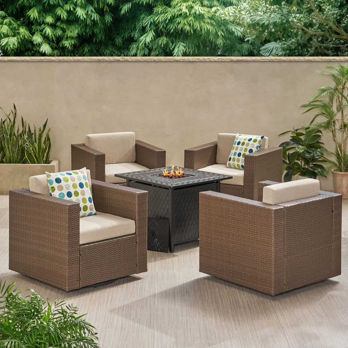 Puerta Outdoor Wicker and Aluminum 5-pieace Swivel Chair and Fire Pit Set with Cushions by Christopher Knight Home