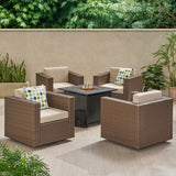Puerta Outdoor Wicker and Aluminum 5-pieace Swivel Chair and Fire Pit Set with Cushions by Christopher Knight Home
