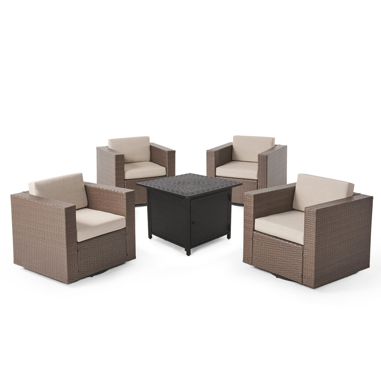 Puerta Outdoor Wicker and Aluminum 5-pieace Swivel Chair and Fire Pit Set with Cushions by Christopher Knight Home