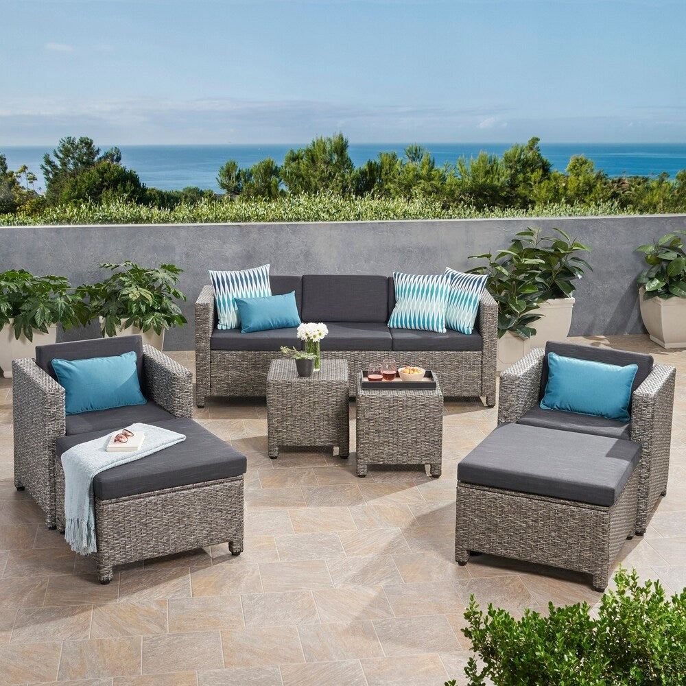 Puerta Outdoor 5 Seater Wicker Sofa Chat Set with Ottomans by Christopher Knight Home