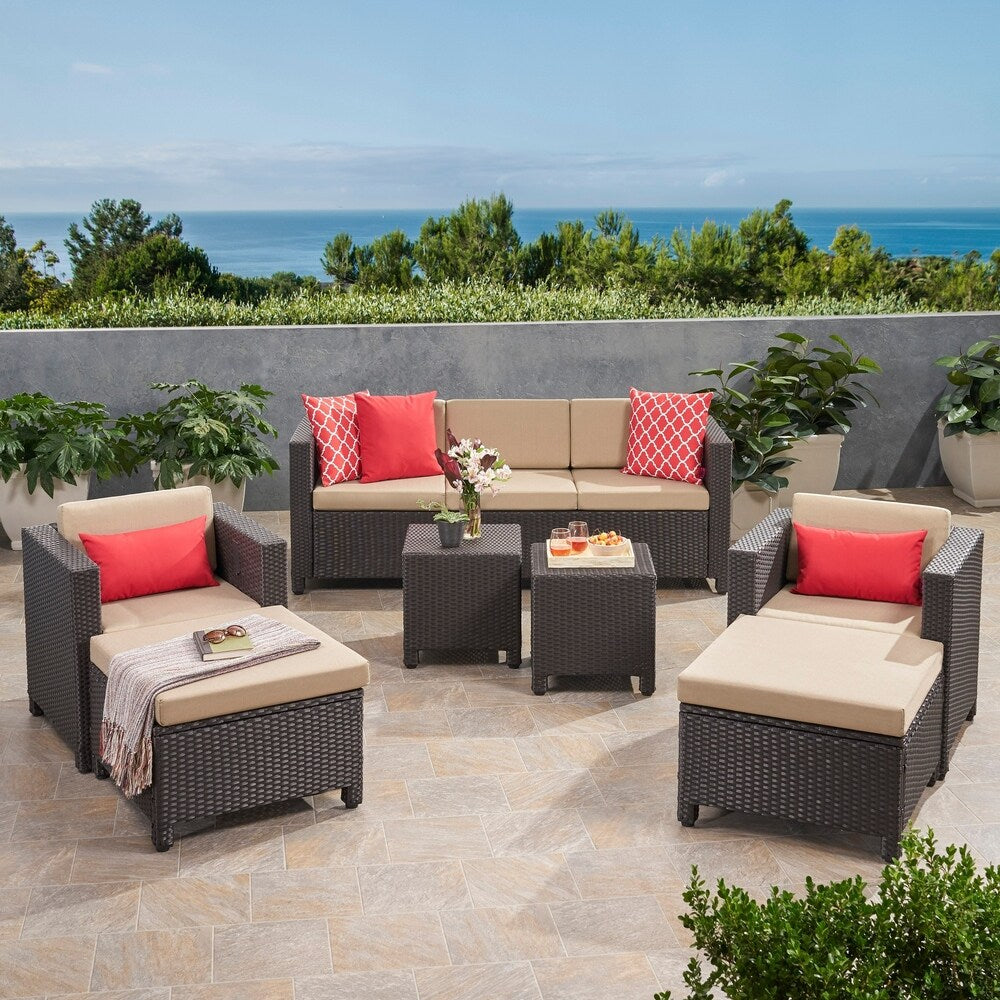 Puerta Outdoor 5 Seater Wicker Sofa Chat Set with Ottomans by Christopher Knight Home