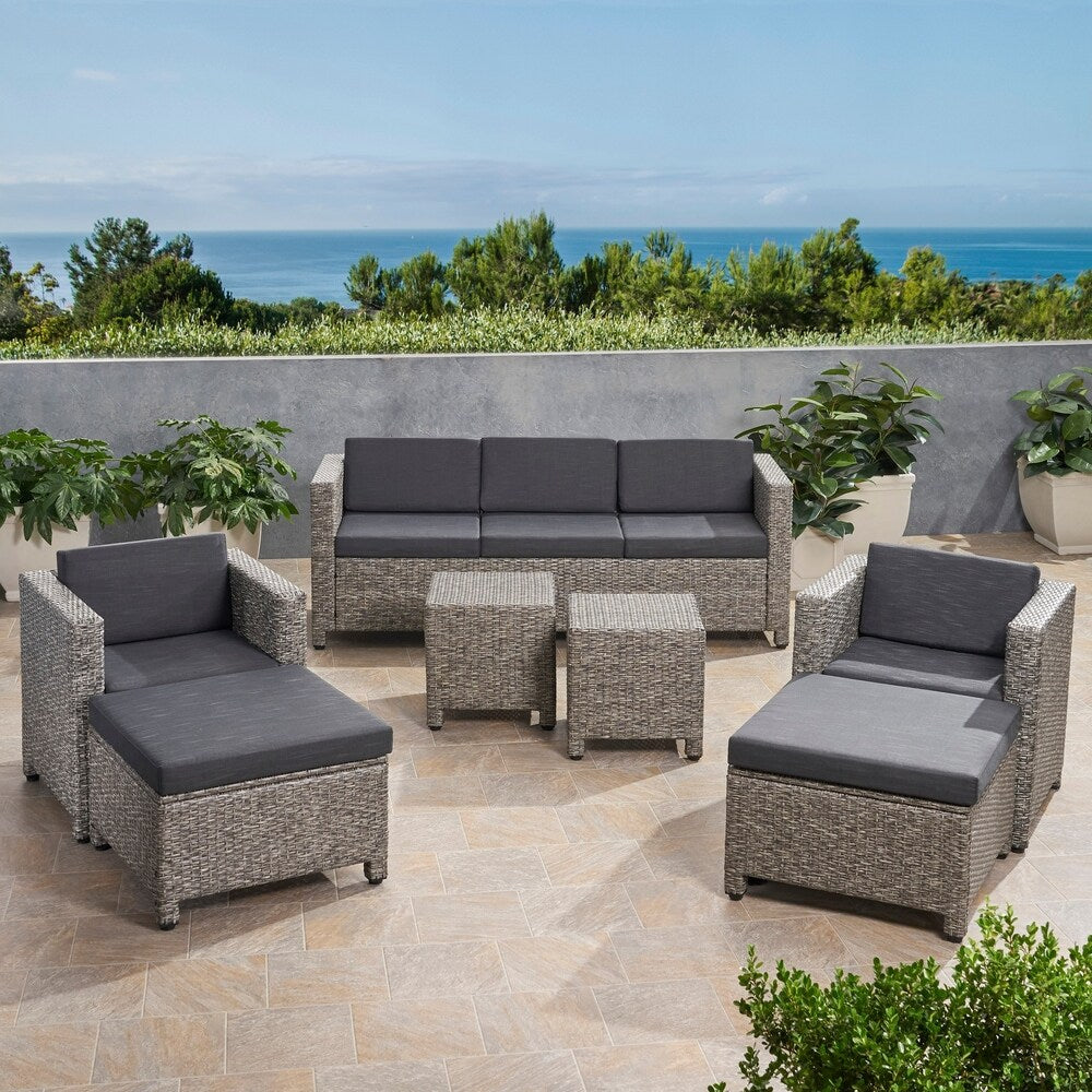 Puerta Outdoor 5 Seater Wicker Sofa Chat Set with Ottomans by Christopher Knight Home
