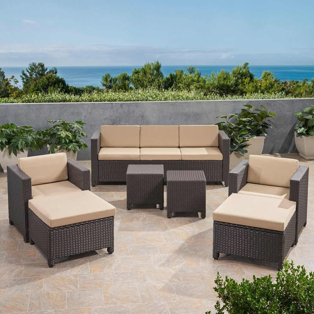 Puerta Outdoor 5 Seater Wicker Sofa Chat Set with Ottomans by Christopher Knight Home