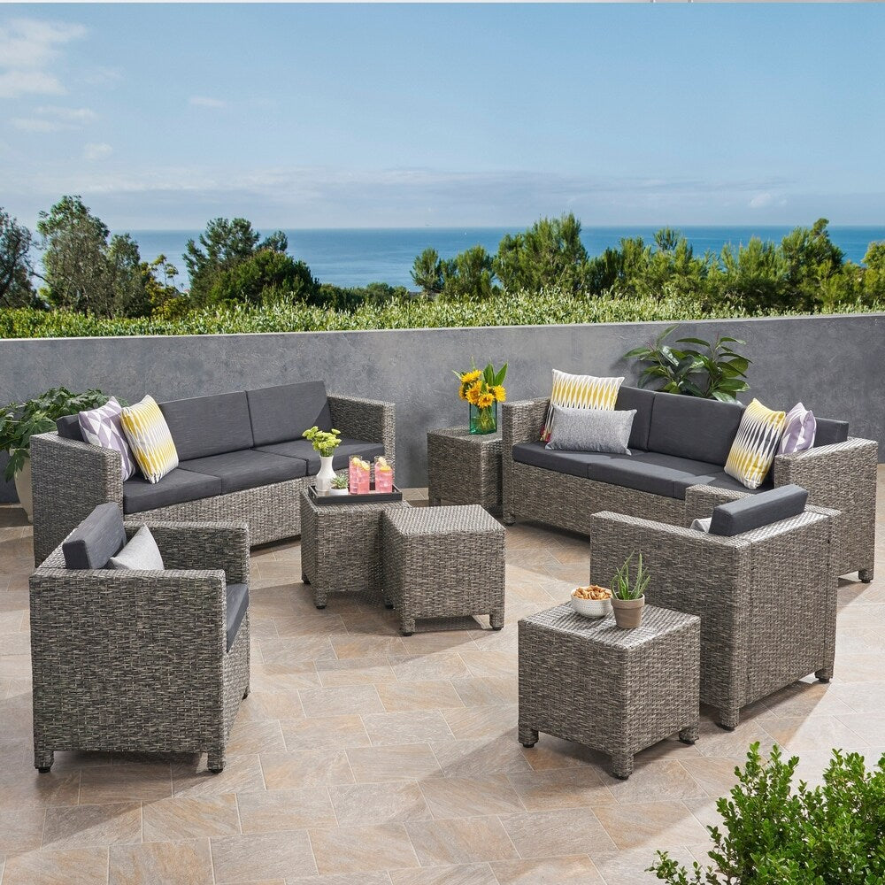 Puerta Outdoor 8 Seater Wicker Chat Set with Side Tables by Christopher Knight Home