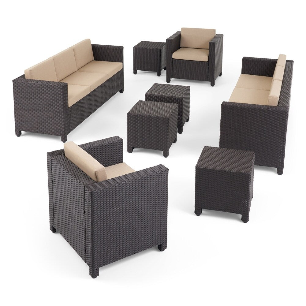 Puerta Outdoor 8 Seater Wicker Chat Set with Side Tables by Christopher Knight Home