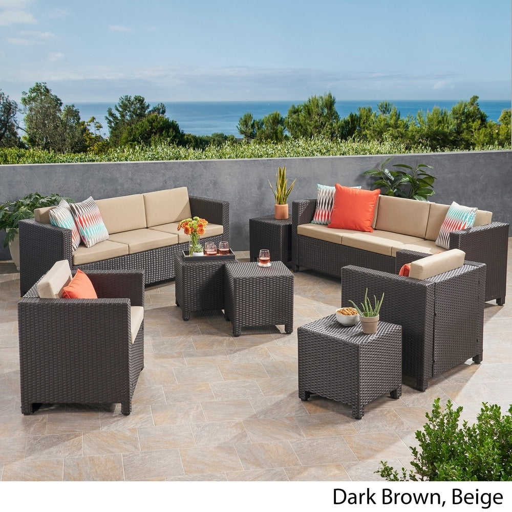 Puerta Outdoor 8 Seater Wicker Chat Set with Side Tables by Christopher Knight Home