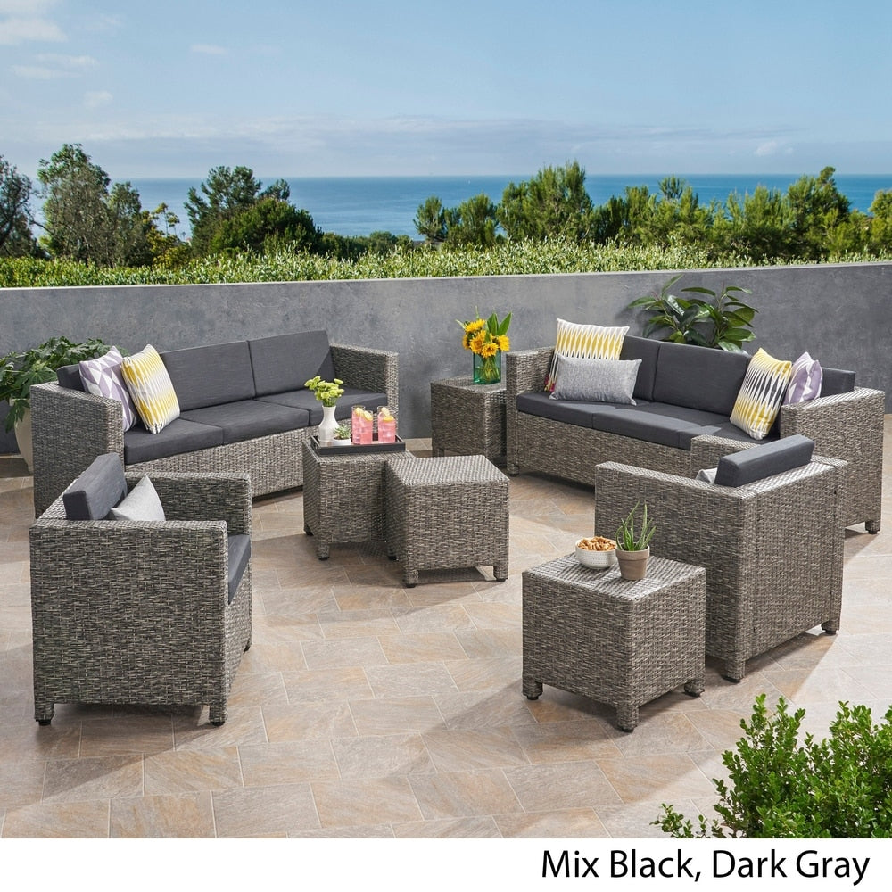 Puerta Outdoor 8 Seater Wicker Chat Set with Side Tables by Christopher Knight Home