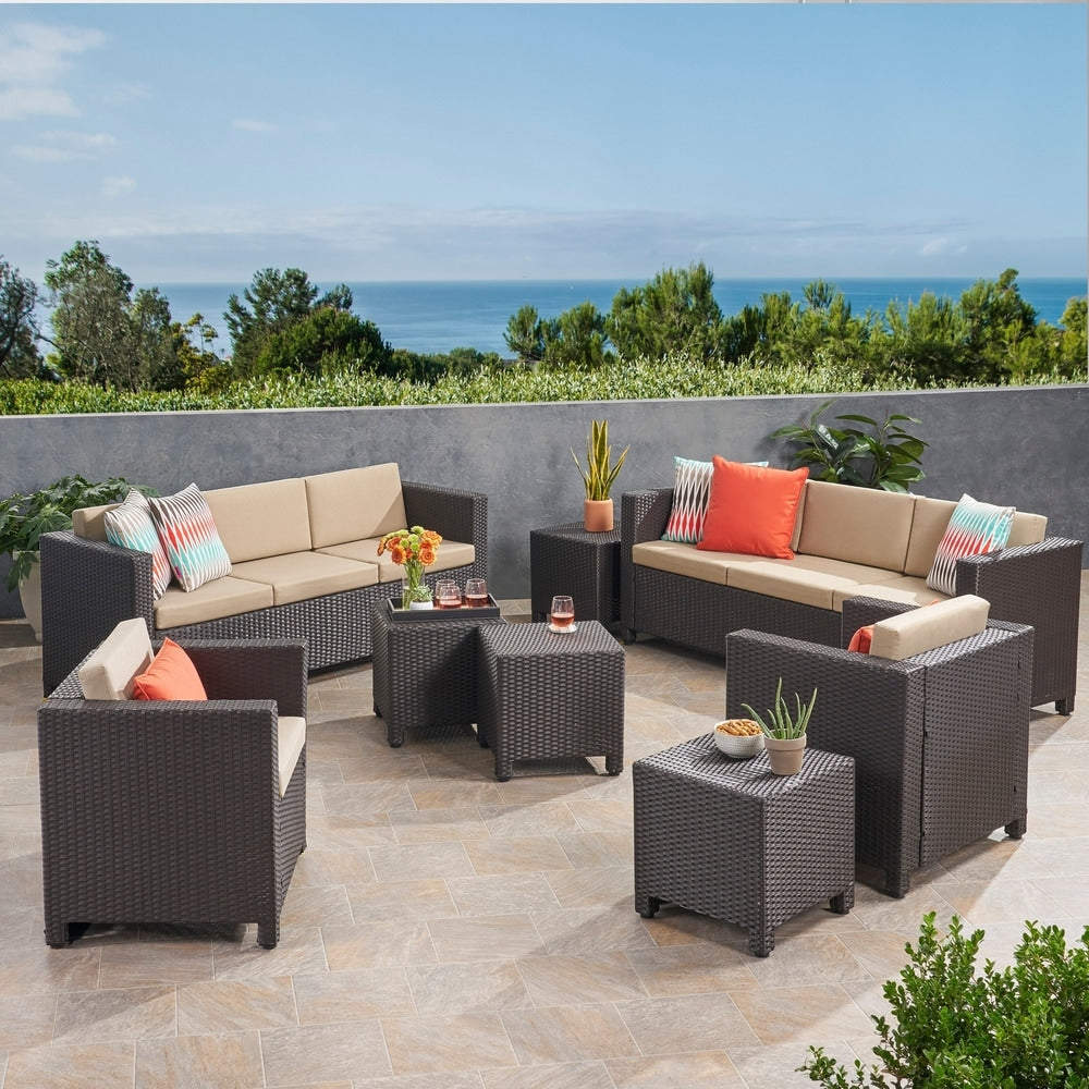 Puerta Outdoor 8 Seater Wicker Chat Set with Side Tables by Christopher Knight Home