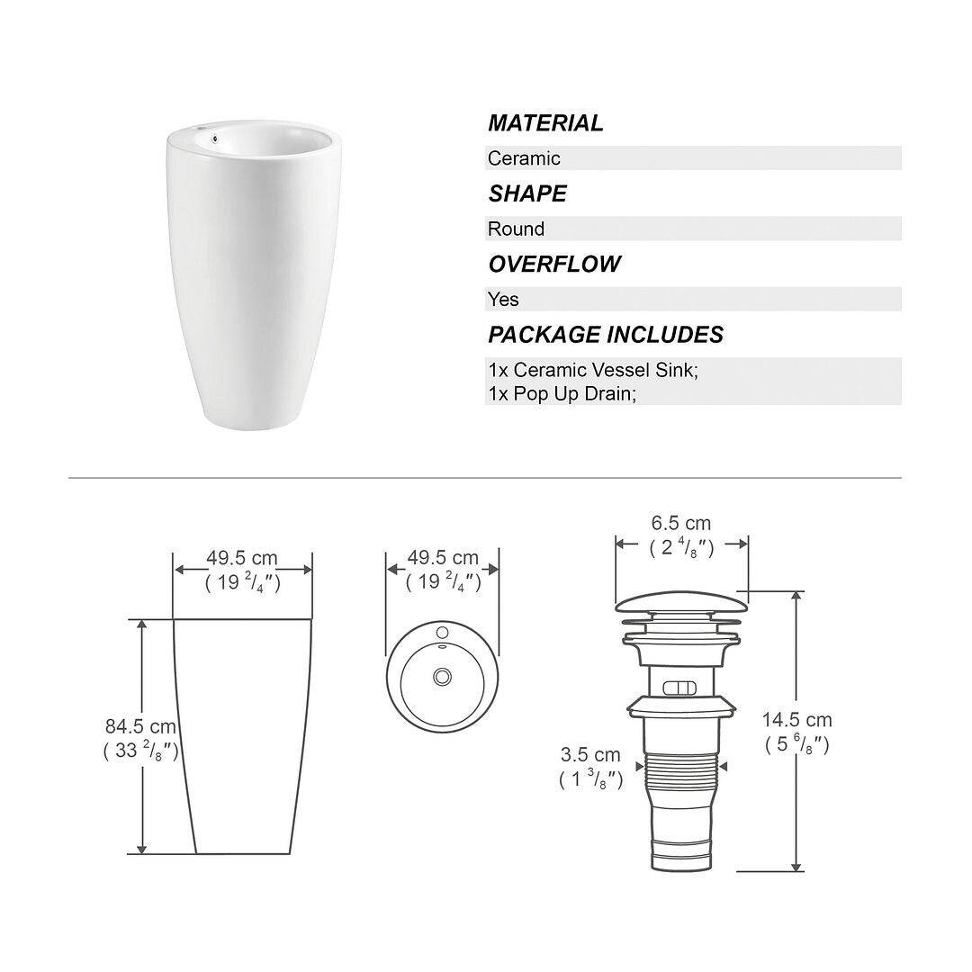 Eridanus Lido 33" Tall Freestanding Circular Pedestal Bathroom Sink - 19.5" W x 33.25" H