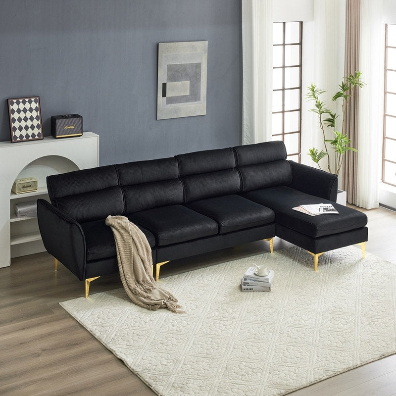 Pushback Chair Shape Four Seats with Footstool Plaid Fleece Diamond Electroplated Gold Triple Leg Indoor Modular Sofa