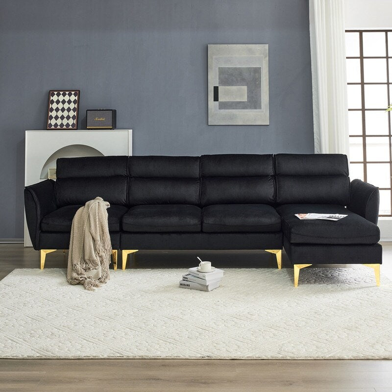Pushback Chair Shape Four Seats with Footstool Plaid Fleece Diamond Electroplated Gold Triple Leg Indoor Modular Sofa